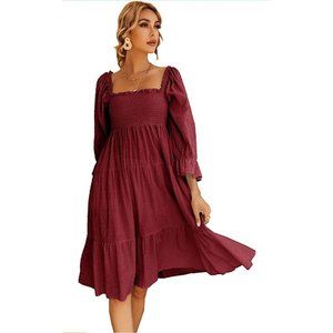 Women's Summer Cotton Plaid Puff Sleeves Bow Casual Off-Shoulder Boho Midi Dress